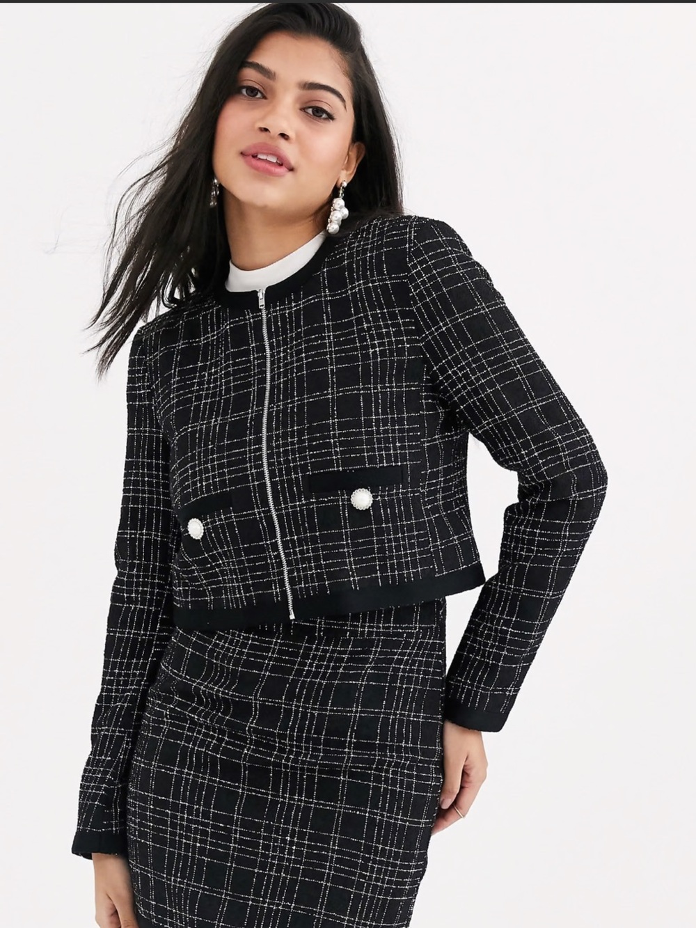 ASOS DESIGN Mono Boucle cropped suit blazer - Black & White Plaid - worn once